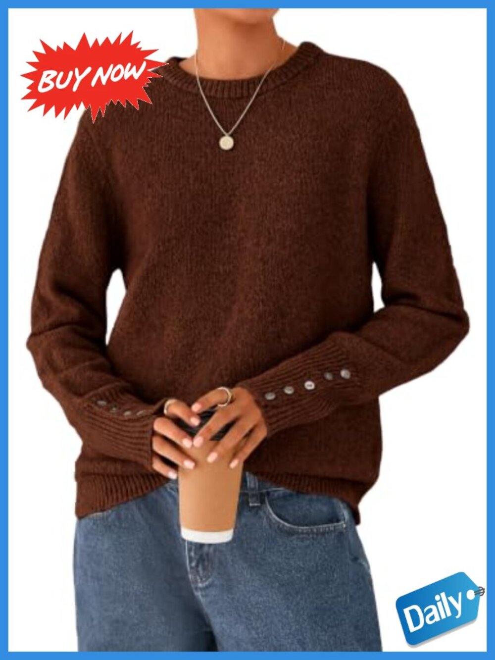 Ribbed Knit Pullover Sweater Long Sleeve Crew Neck Button Sleeve Detail